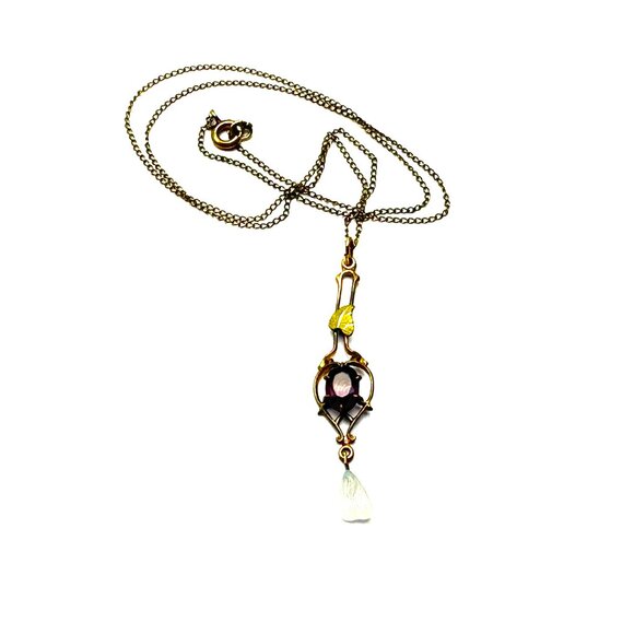 Antique Art Nouveau Glass Amethyst Pendant—Gold Filled Chain — EUC - Picture 1 of 12